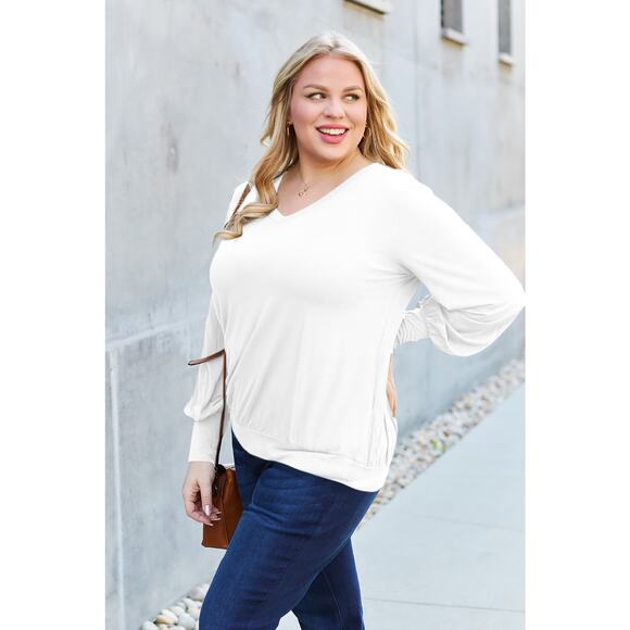 BASIC BAE Plus White V-Neck Long Lantern Sleeve Banded Waist Top NEW - Picture 3 of 8